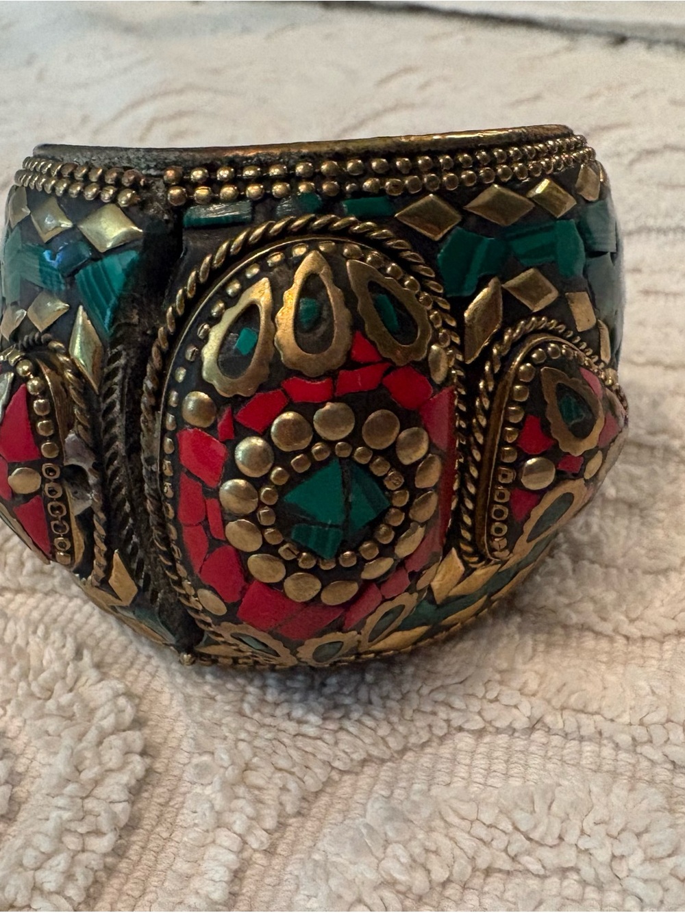 Large Tibetan Handcrafted Red and Teal Mosaic Cuff Bracelet